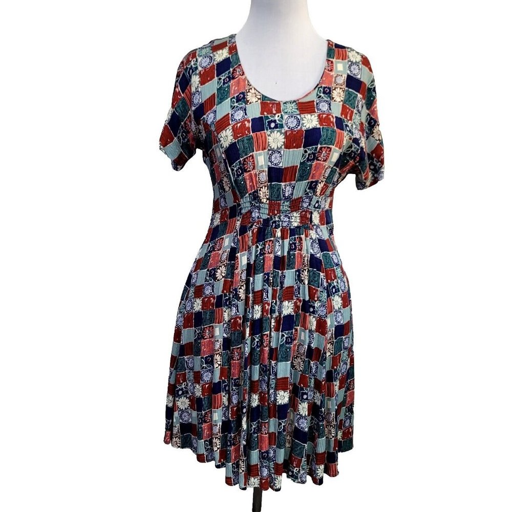 Vintage 90s CDC Womens M Patchwork Pattern Gauze S/S Smocked Waist Dress